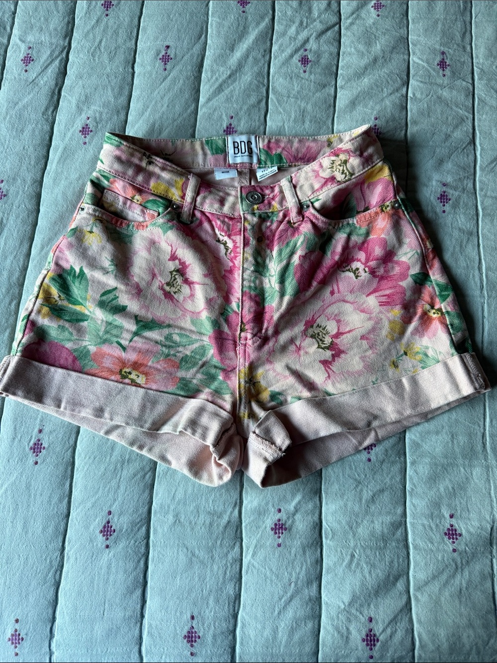 BDG Pink Floral High-Rise Cuffed Jean Shorts